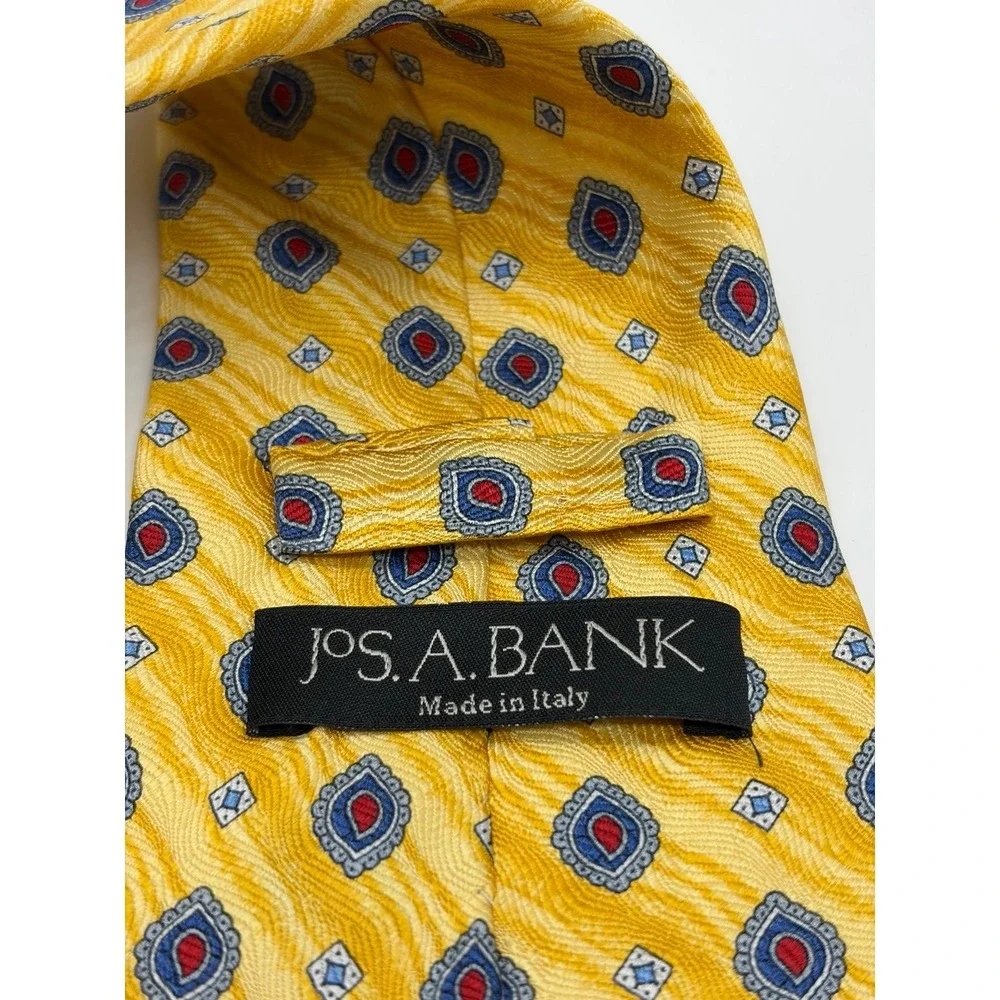 Jos. A. Bank, Yellow with Blue/Red Geometric Medallion Pattern, Silk Necktie